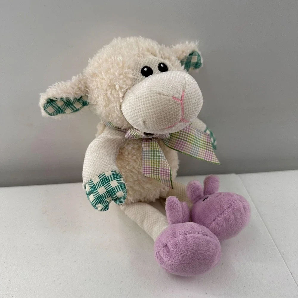 Pier 1‎ Imports Lamb Plush Sheep Pearl Plaid Accents Purple Feet Soft Easter